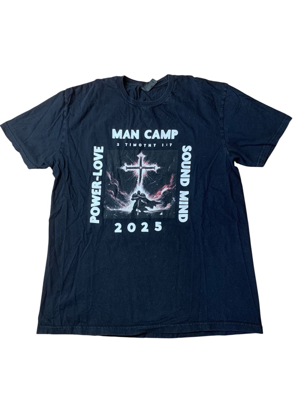 Gildan Man Camp 2025 Christian Graphic Tee Men’s Large Black 2 Timothy 1:7